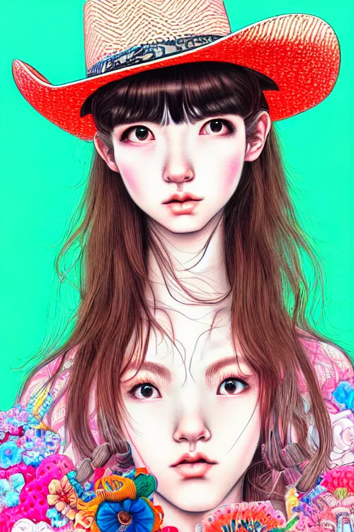 Image similar to girl wearing cowboy hat, style of yoshii chie and hikari shimoda and martine johanna, highly detailed