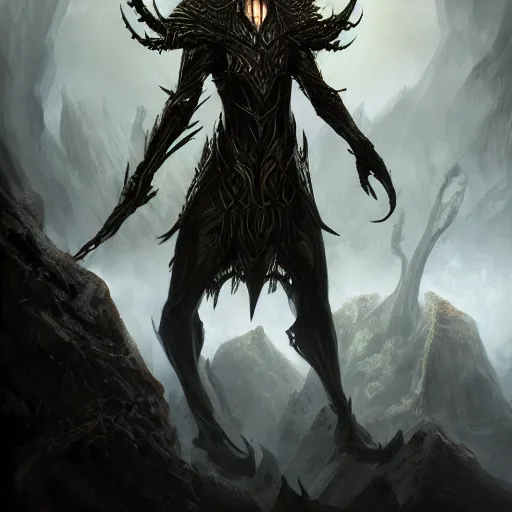 Image similar to dark fantasy concept of elven tree elf god, with dark steel and eldritch wood armor on a mountain, cinematic, dynamic lighting, photorealistic, ultra detailed, trending on art station, stunning visuals, creative, hyper detailed