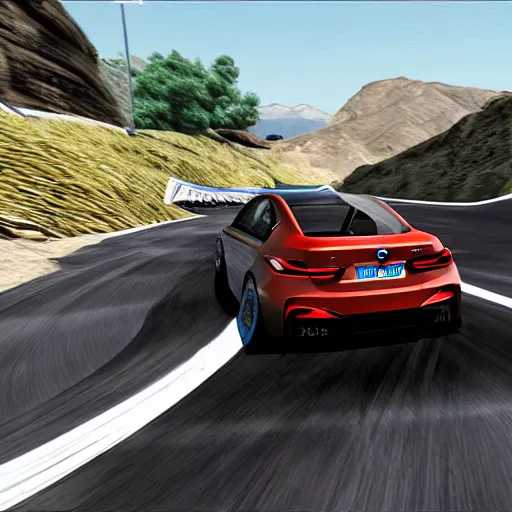 Prompt: a brand new bmw concept hot hatchback driving fast on a trackmania canyon track