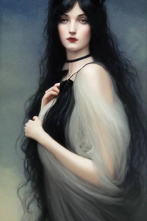 Image similar to Nocturne, glowing, stars, a long-legged elegant sultry woman, long black hair with white tips, pearl choker, highly detailed, mysterious, ethereal, dressed in black velvet, haute couture, illustration, dramatic lighting, soft details, painting, by Edmund Blair Leighton, Brom, Charlie Bowater, trending on artstation, faces by otto schmidt