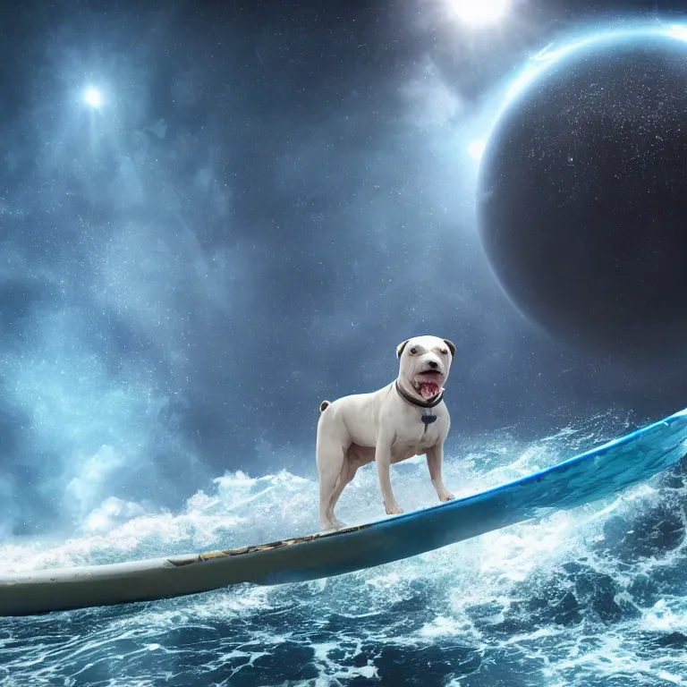 Image similar to photo of a dark gray white coat pit bull with a white paws, surfing on a surfboard in a crashing wave of alien ocean in space, background is an alien galaxy, aliens in the background, alien colors, octane render, unreal engine, wide view, 8 k, high detaild