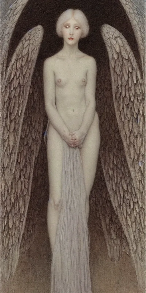 Image similar to Say who is this with silver hair so pale and Wan! and thin? beautiful lone single feminine!! angel in the style of Jean Delville, Lucien Lévy-Dhurmer, Fernand Keller, Fernand Khnopff, oil on canvas, 1896, 4K resolution, aesthetic, mystery