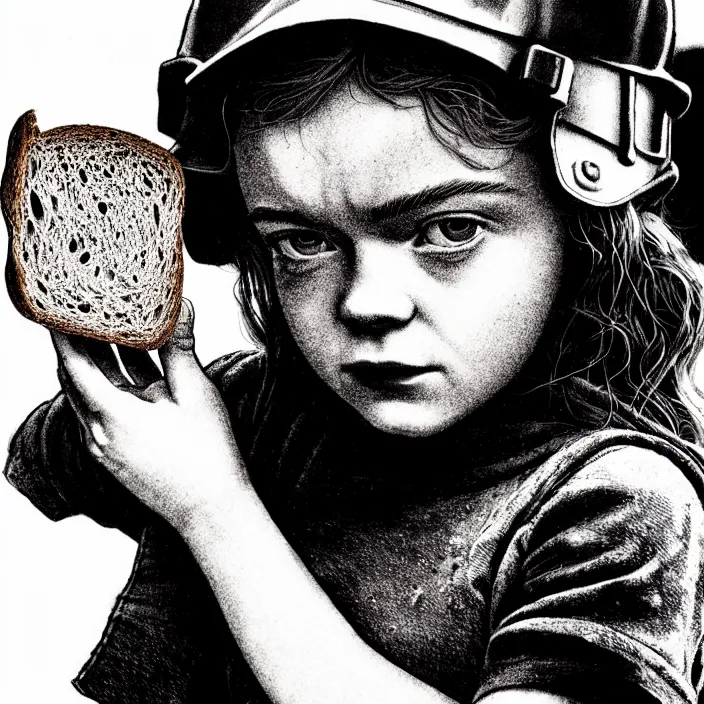 Image similar to extreme close - up on sadie sink as a miner : she lifts a slice of bread with her hand. background : black tiles on walls. black and white, pencil and ink. by gabriel hardman, joe alves, chris bonura. cinematic atmosphere, detailed and intricate, perfect anatomy