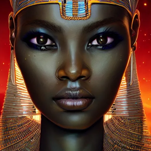 Image similar to highly detailed portrait of an african egyptian goddess, intricate alien technology, stephen bliss, unreal engine, fantasy art by greg rutkowski, loish, rhads, ferdinand knab, makoto shinkai and lois van baarle, ilya kuvshinov, rossdraws, tom bagshaw, global illumination, radiant light, detailed and intricate environment