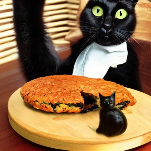 Prompt: black cat eating mushroom patty