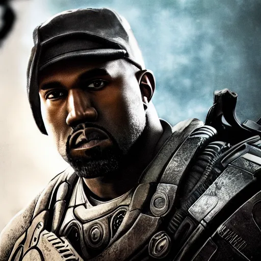 Image similar to Portrait of kanye west in Gears of War, splash art, movie still, cinematic lighting, dramatic, octane render, long lens, shallow depth of field, bokeh, anamorphic lens flare, 8k, hyper detailed, 35mm film grain