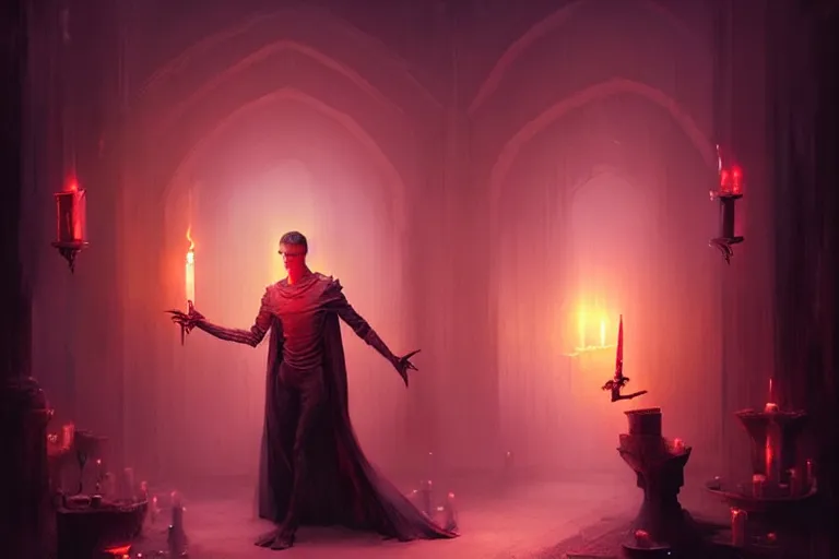 Prompt: Character concept art of Pretty guy male necromancer bringing dead to alive, casting dark magic spell. Castle room, lots of candles, barely lit warm violet red light, many transparent souls comes through the floor By greg rutkowski, tom bagshaw, beksinski