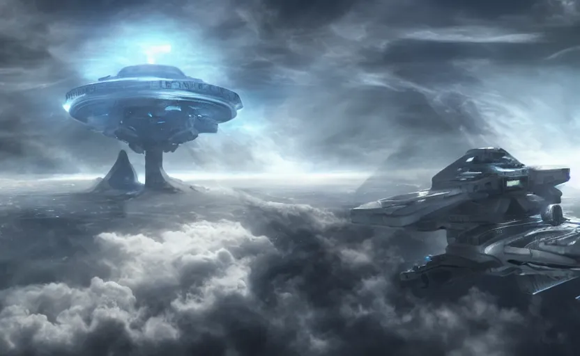 Prompt: an alien ship hovers above a thick layer of clouds, blue sky above, sci-fi concept art, unreal engine 3d