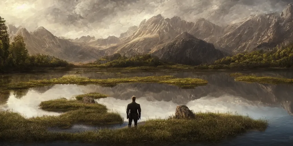 Image similar to beautiful landscape of small lake at midday with distant mountains and close - up of a symmetric detailed man in realistic detailed medieval armor facing off against a monster, ultra realistic, epic, highly detailed, hd, sharp focus, cinematic lighting, realistic, vivid colors, gritty, matt painting, digital art, non blurry, sharp, artstation, concept art, smooth, illustration