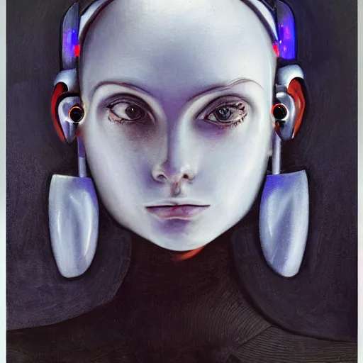 Prompt: cute young woman with robot ears and eyes, 4k, René Laloux