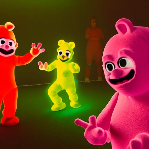 Image similar to hyperrealistic film still of teletubby rave, stunning 3 d render, neon cyberpunk cinematic lighting, 8 k octane comprehensive render, extremely hyper - detailed, incredibly realistic, intricate, masterpiece