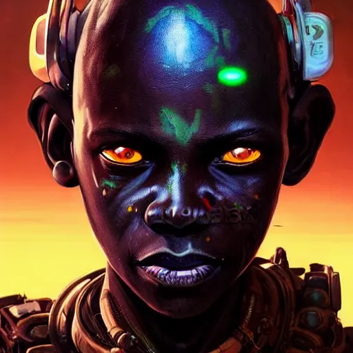 Image similar to a dark and ominous cyborg african child soldier with glowing eyes and facial scarification marks, Apex Legends character digital illustration portrait design, by android jones and greg rutkowski in a cyberpunk voodoo style, retrowave color scheme, detailed, cinematic lighting, wide angle action dynamic portrait