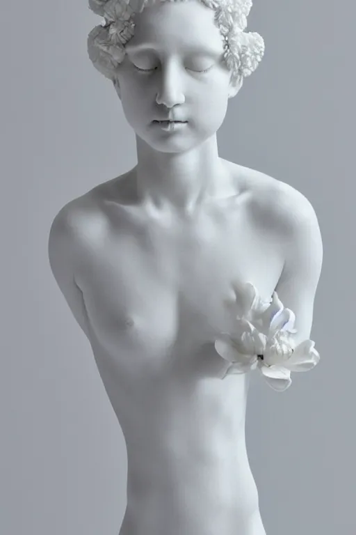 Prompt: full head and shoulders, beautiful female porcelain sculpture by daniel arsham and james jean, smooth, all white features on a white background, delicate facial features, white eyes, white lashes, detailed white 3 d different species of flowers