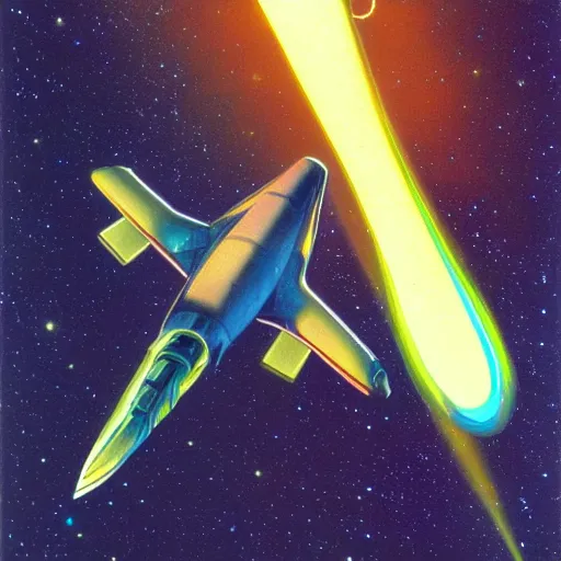 Prompt: starship during reentry of earth atmosphere, 1 9 8 0 s concept art, vintage, high saturation colors, high quality, hand drawn