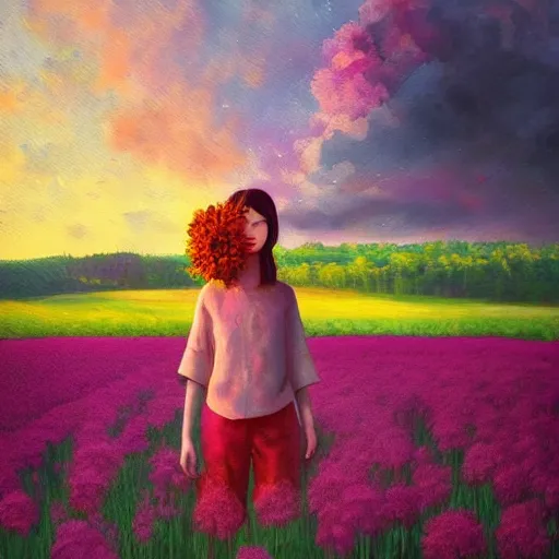 Image similar to girl with a scaled up flower as a face, surreal photography, dream, standing in flower field, hills, big trees, sunrise dramatic light, impressionist painting, colorful clouds, digital painting, pointillism, artstation, simon stalenhag, flower face