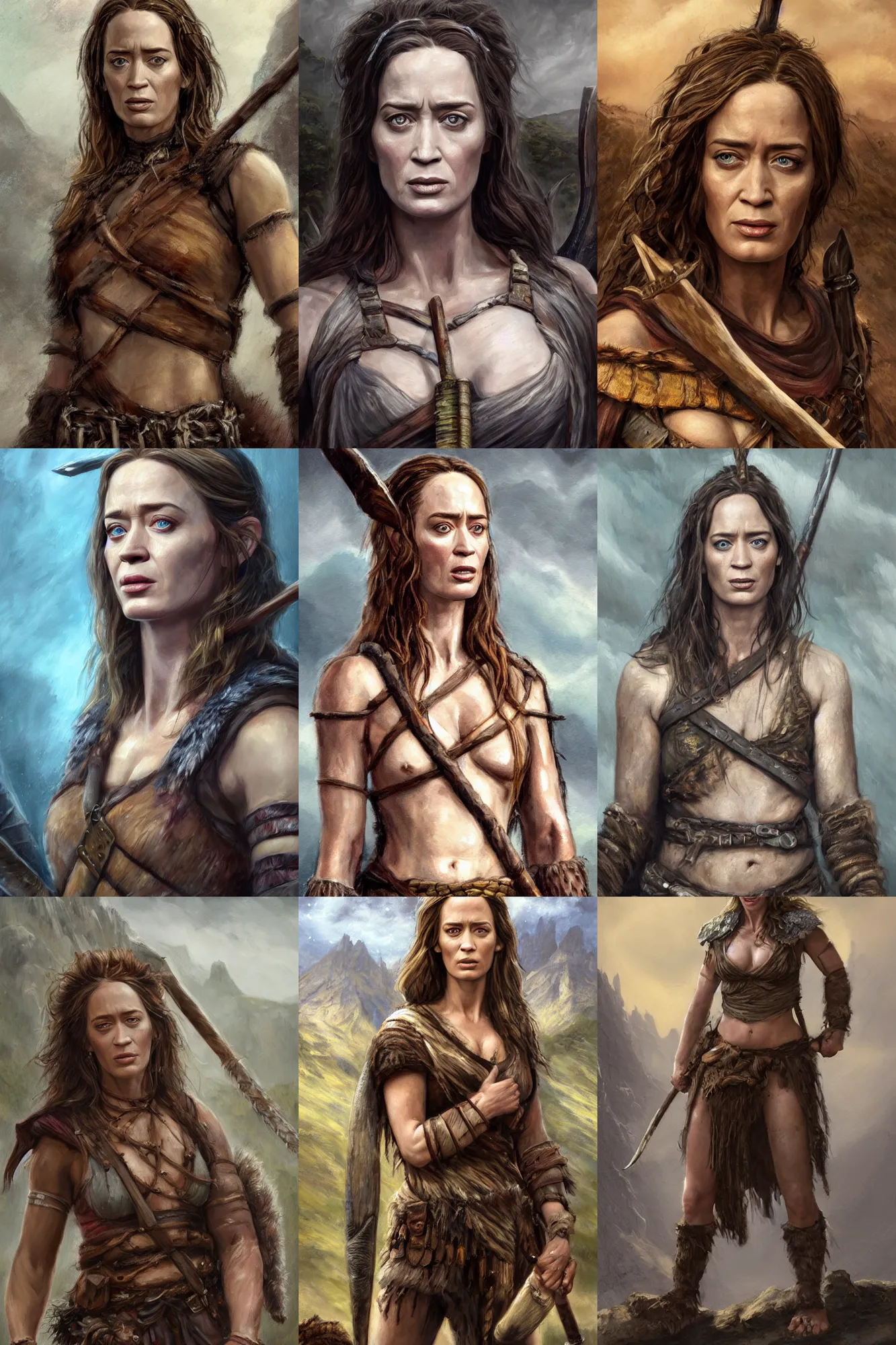 Image similar to a full body high detail fantasy portrait oil painting illustration of emily blunt as a single rugged stoic barbarian woman by Justin Sweet with face and body clearly visible, in a scenic background, pupils visible, realistic proportions, d&d, rpg, forgotten realms, artstation trending, high quality, sombre mood, artstation trending, muted colours, no crop, entire person visible!, natural light, Adobe Photoshop, Adobe Lightroom, photolab, Affinity Photo,