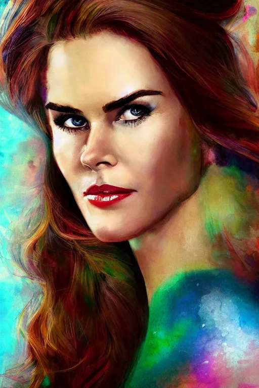 Image similar to portrait of a mix of beautiful young maria shriver, mariel hemmingway, brooke shields, nicole kidman and elle macpherson as a mermaid, thin lips, hair tied up in a pony tail, colorful artstation, cgsociety