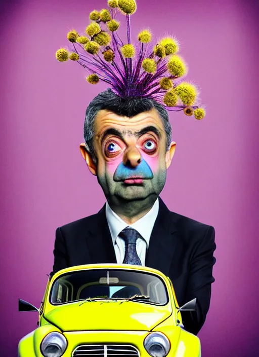 Prompt: hyper detailed 3d render like a Oil painting muted colors - slightly silly portrait of Rowan Atkinson cross eyed as Mr. Bean atop his yellow beetle in Aurora seen tickling of the Strangling network of yellowcake aerochrome and milky Fruit and Her delicate Hands hold of gossamer polyp blossoms bring iridescent fungal flowers whose spores black the foolish stars by Jacek Yerka, Mariusz Lewandowski, Houdini algorithmic generative render, Abstract brush strokes, Masterpiece, Edward Hopper and James Gilleard, Zdzislaw Beksinski, Nicoletta Ceccoli, Wolfgang Lettl, hints of Yayoi Kasuma, octane render, 8k