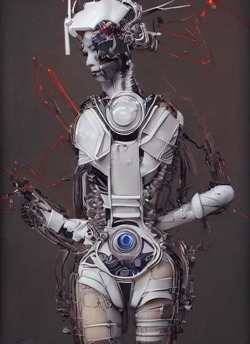 Prompt: portrait of a futuristic geisha cyborg, in the style of ghost in the shell, kintsugi, modern fine art, fractal, intricate, elegant, highly detailed, digital photography, richard avedon and greg rutkowski,