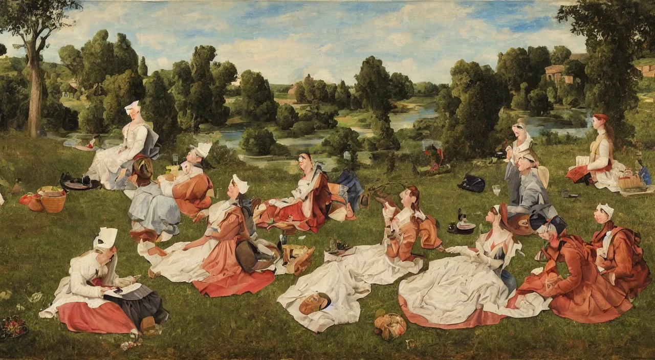 Prompt: Noblewomen of the Avignon countryside use VR glasses to watch Netflix while picnicking by a pond, oil on canvas, Rokoko