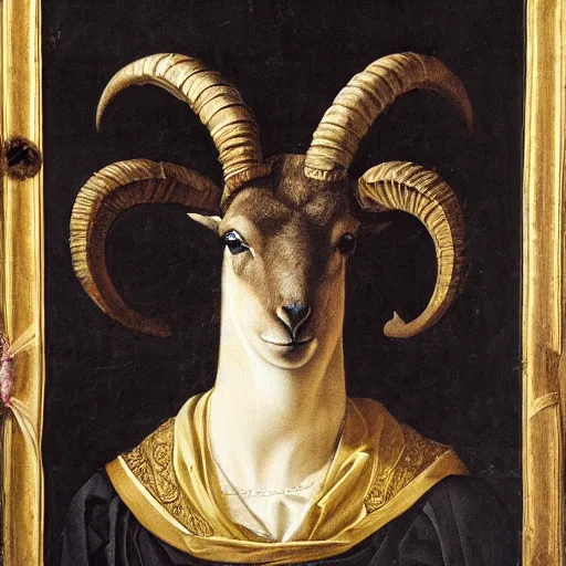 Image similar to renaissance style portrait of an alpine ibex wearing a crown and a cape, dark background