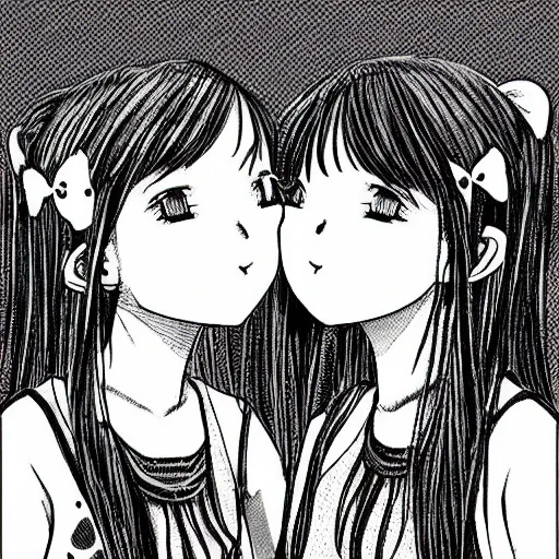 Image similar to portrait of two girls kissing, detailed manga art