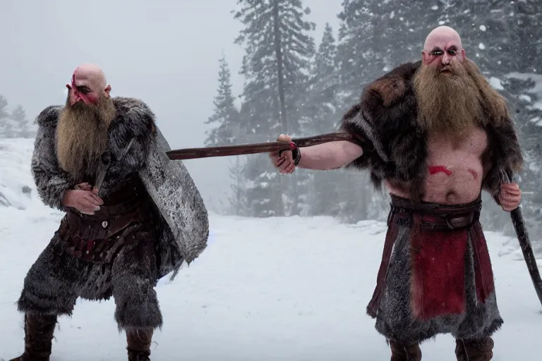 Image similar to vfx movie strong bald man in furs, natural grizzled skin, streaks of red face paint grey beard, holding two detailed viking axes, in snowy tahoe, god of war by emmanuel lubezki