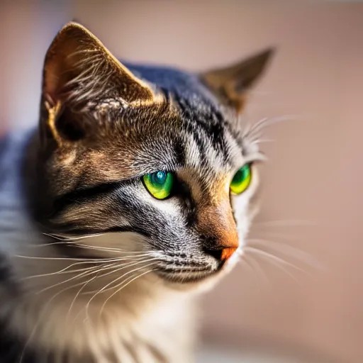 Image similar to photograph of a rainbow cat staring at the camera, shallow focus, wide angle lens, hyper realistic, macro, 8 5 mm