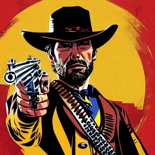 Image similar to a cowboy in the style of red dead redemption, lucky luke, the good, the bad and the ugly, clint eastwood, steven seagal, bud spencer, donald trump, glory days, patriotism