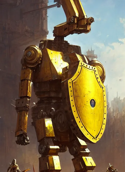 Image similar to human-sized strong intricate yellow pit droid holding large paladin medieval shield!!! and a long medieval engraved powerful great sword, pancake short large head painterly humanoid mecha, beautiful fantasy background by Greg Rutkowski