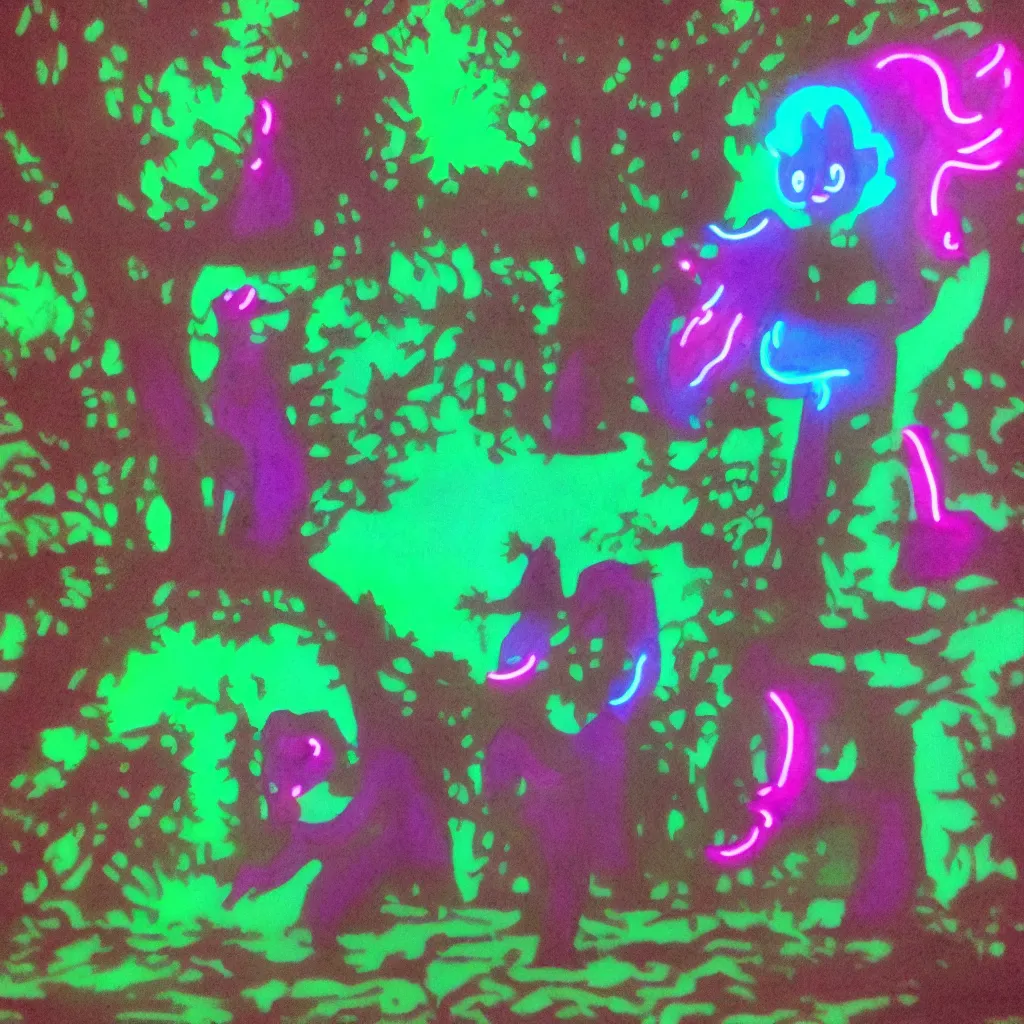 Prompt: plasticine werewolf in the cute forest, neon lights