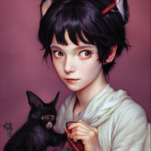 Prompt: Masterpiece portrait of a very young Kiki from Kiki's delivery service drawn by Donato Giancola and Tom Bagshaw face by Artgerm and Edmund Leighton