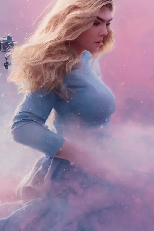 Prompt: an insanely detailed close up portrait of a beautiful blonde haired woman who looks like kate upton, blue dress, holding nikon camera, large fountain in background bokeh, in the style of peter mohrbacher, artgerm, dramatic lighting and composition, pink fog background, octane render, trending on artstation, concept art 8 k