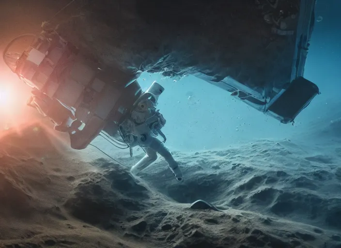 Image similar to astronaut underwater putting a flag in the sand of the bottom of the ocean. in the background, a submarine is visible. dark, concept art, cinematic, dramatic, atmospheric, 8 k, trending on artstation, zack snyder