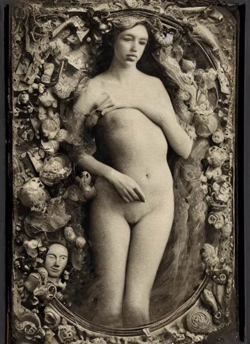 Prompt: old wetplate daguerreotype portrait of birth of venus, explosion of data fragments, fractal, intricate, elegant, highly detailed, parallax, leica, medium format, subsurface scattering, portrait, elegant, highly detailed, matte painting, by stanley spencer