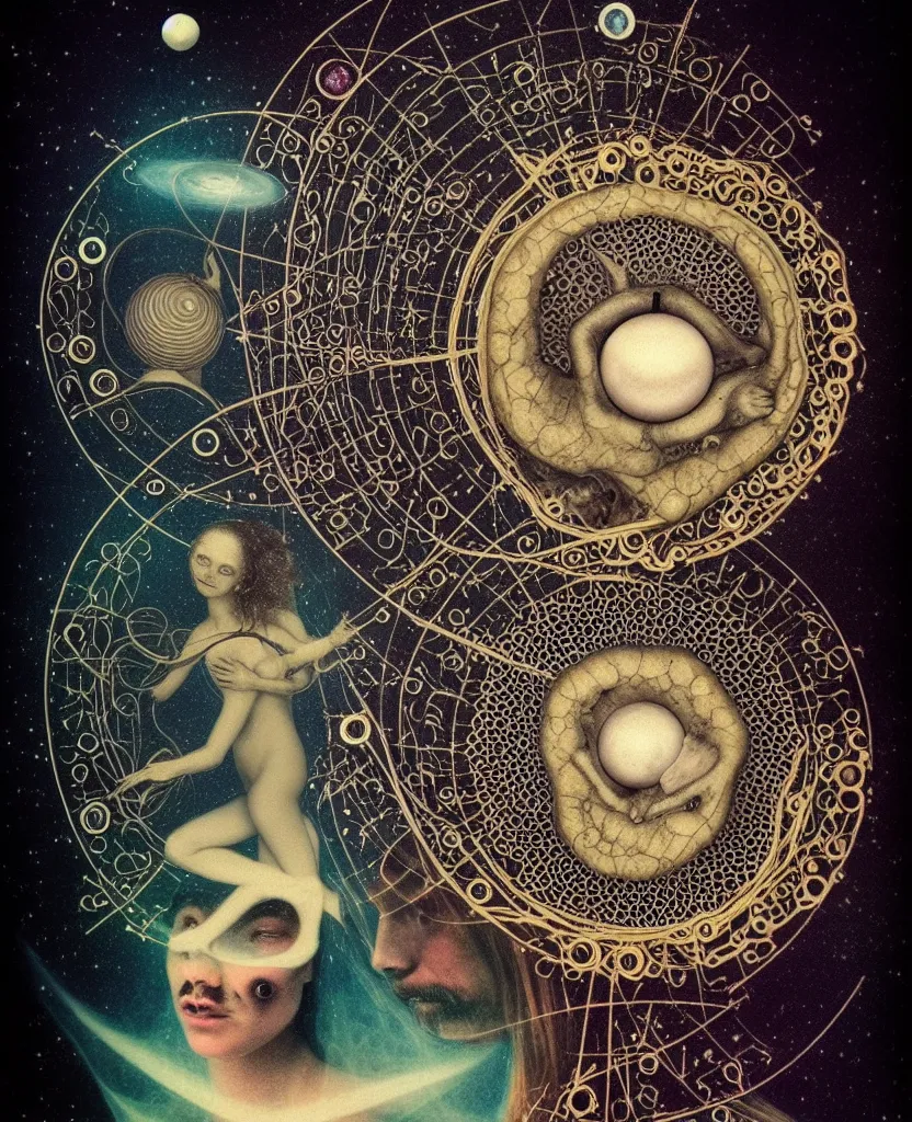 Image similar to inside the universe of a human body soul, whimsical uncanny creature alchemizes unique canto about'as above so below'being ignited by the spirit of haeckel and robert fludd, breakthrough is iminent, glory be to the magic within, to honor jupiter, surreal collage by ronny khalil