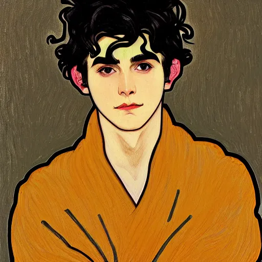 Image similar to painting of young cute handsome beautiful dark medium wavy hair man in his 2 0 s named shadow taehyung at the halloween pumpkin jack o'lantern party, depressed, melancholy, autumn, japan, elegant, clear, painting, stylized, delicate, soft facial features, delicate facial features, soft art, art by alphonse mucha, vincent van gogh, egon schiele