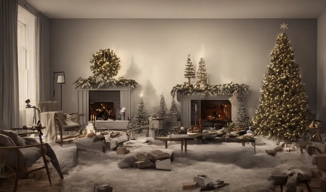 Image similar to a christmas eve in a beautiful home, photorealistic landscape painting on the wall, ascher clemens, home, interior, octane render, deviantart, greg rutkowski, cinematic, key art, hyperrealism, canon eos c 3 0 0, ƒ 1. 8, 3 5 mm, 8 k, medium - format print