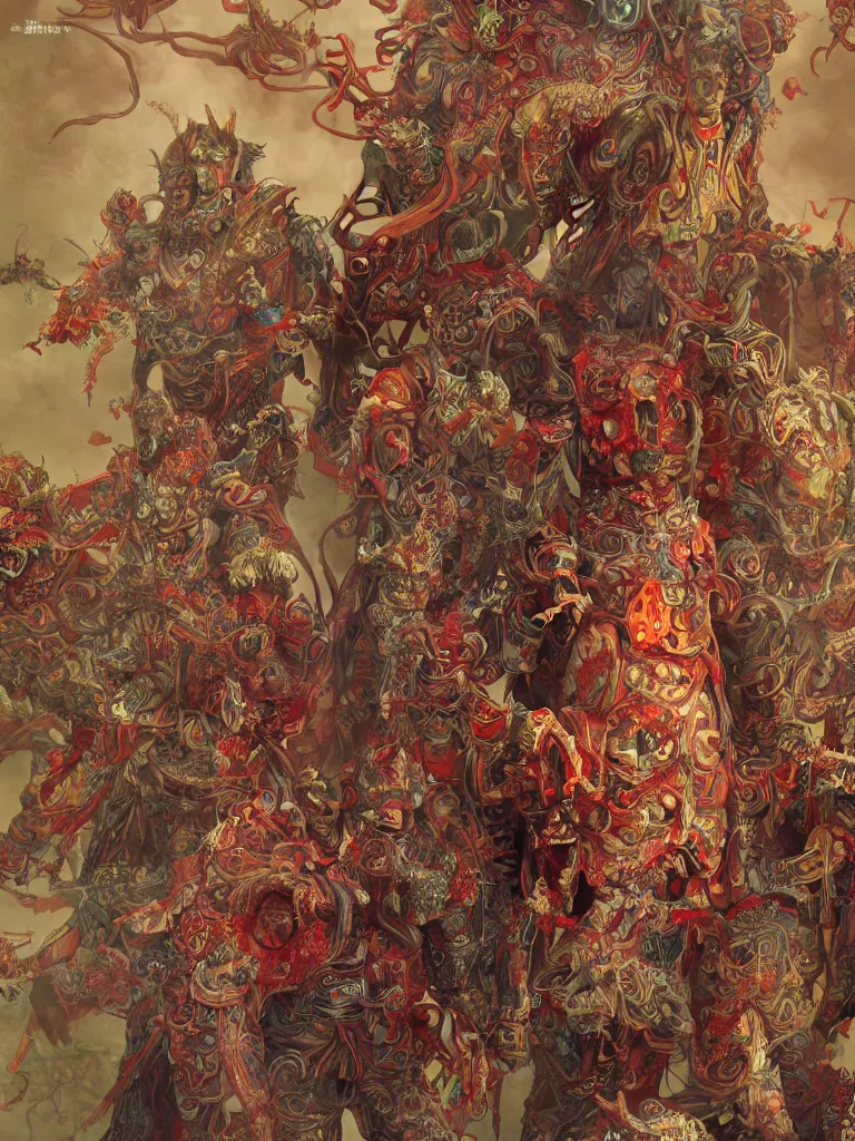 Prompt: chinese zombies with luxuriant full - body official clothes of the qing the devil of nanotechnology, dynasty, a incredible symmetrical concept design, psychedelic, highly detailed upper body, cinematic film, mattepainting, photobash, rendered in octane, by mucha