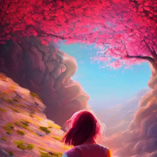 Image similar to giant cherry blossom flower as a head, girl walking in a canyon, surreal photography, sunrise, dramatic light, impressionist painting, colorful clouds, digital painting, artstation, simon stalenhag