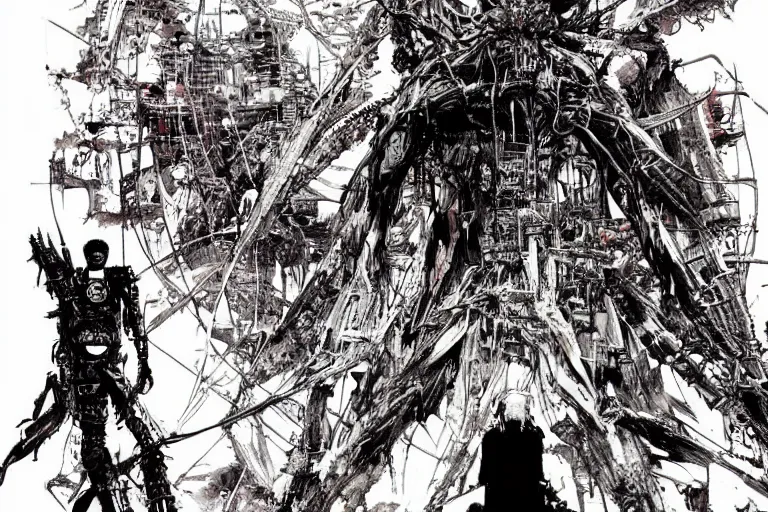 Image similar to remnants of the human civilization, survivors, a color illustration by tsutomu nihei, tetsuo hara and katsuhiro otomo