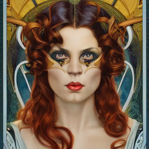 Image similar to an art nouveau, ( streamline moderne ), multi - racial portrait in the style of donato giancola and anna dittmann and charles dulac. very large, clear, expressive, and intelligent eyes. symmetrical, centered, ultrasharp focus, dramatic lighting, photorealistic digital matte painting, intricate ultra detailed background.