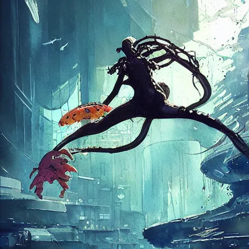 Image similar to woman diving in, an alien aquarium, kelp, coral, solar rays, cyberpunk, realistic, detailed, Industrial Scifi, paint, watercolor, in the style of Ashley Wood and Wadim Kashin