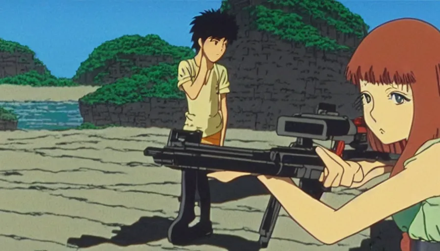 Image similar to 1 9 8 6 anime screencap of a girl with a gun on a rio de janeiro anime, by hayao miyazaki, studio ghibli, rio background extremely high quality artwork