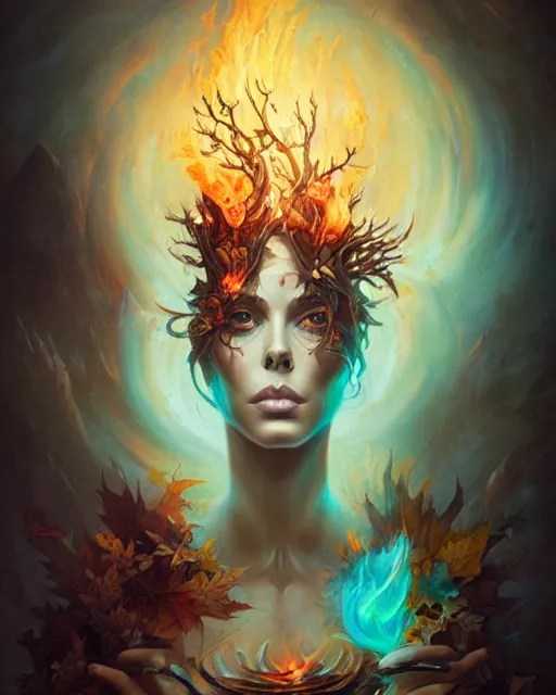 Image similar to liquid smoke and fire nicole aniston, autumn overgrowth, ancient relic archaic burning inscriptions, peter mohrbacher, artgerm, ross tran