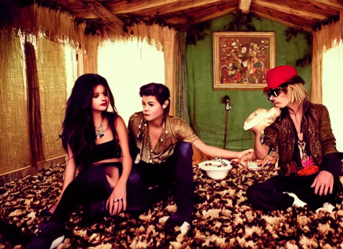 Image similar to Selena Gomez and Young Johnny Depp eating mushrooms and tripping in a shag carpet house, photograph by Annie Leibovitz and Mark Seliger