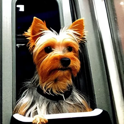 Image similar to yorkie dog taking a selfie in a subway train with angry homeless people behind him, realistic photo