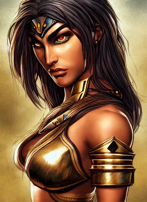 Image similar to a highly detailed symmetrical painting of a female amazon warrior with piercing beautiful eyes in dark tomb setting, dynamic lighting, ambient lighting, deviantart, art by artgerm and glenn fabry