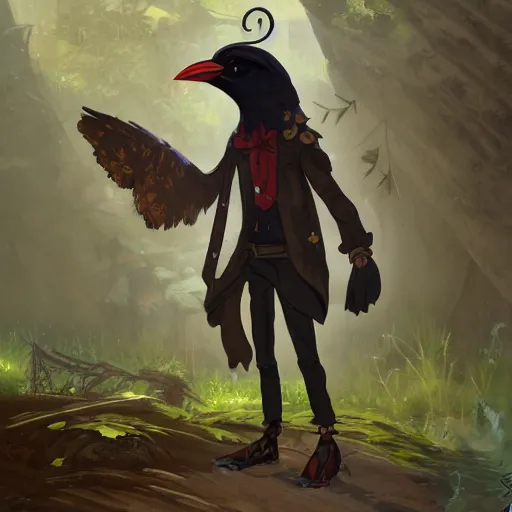 Prompt: concept art painting of an anthropomorphic crow person with steampunk clothes, in the deep forest, realistic, detailed, cel shaded, in the style of makoto shinkai and greg rutkowski and james gurney