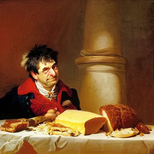 Image similar to steve albini eating a loaf of fresh bread and some good cheese or roast beef, portrait, oil on canvas, by jean - honore fragonard